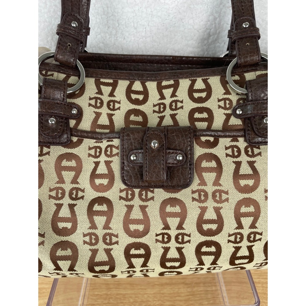 Etienne Aigner Monogram Jacquard Shoulder Bag Brown Tan Faux Leather Trim Tote - Picture 2 of 14